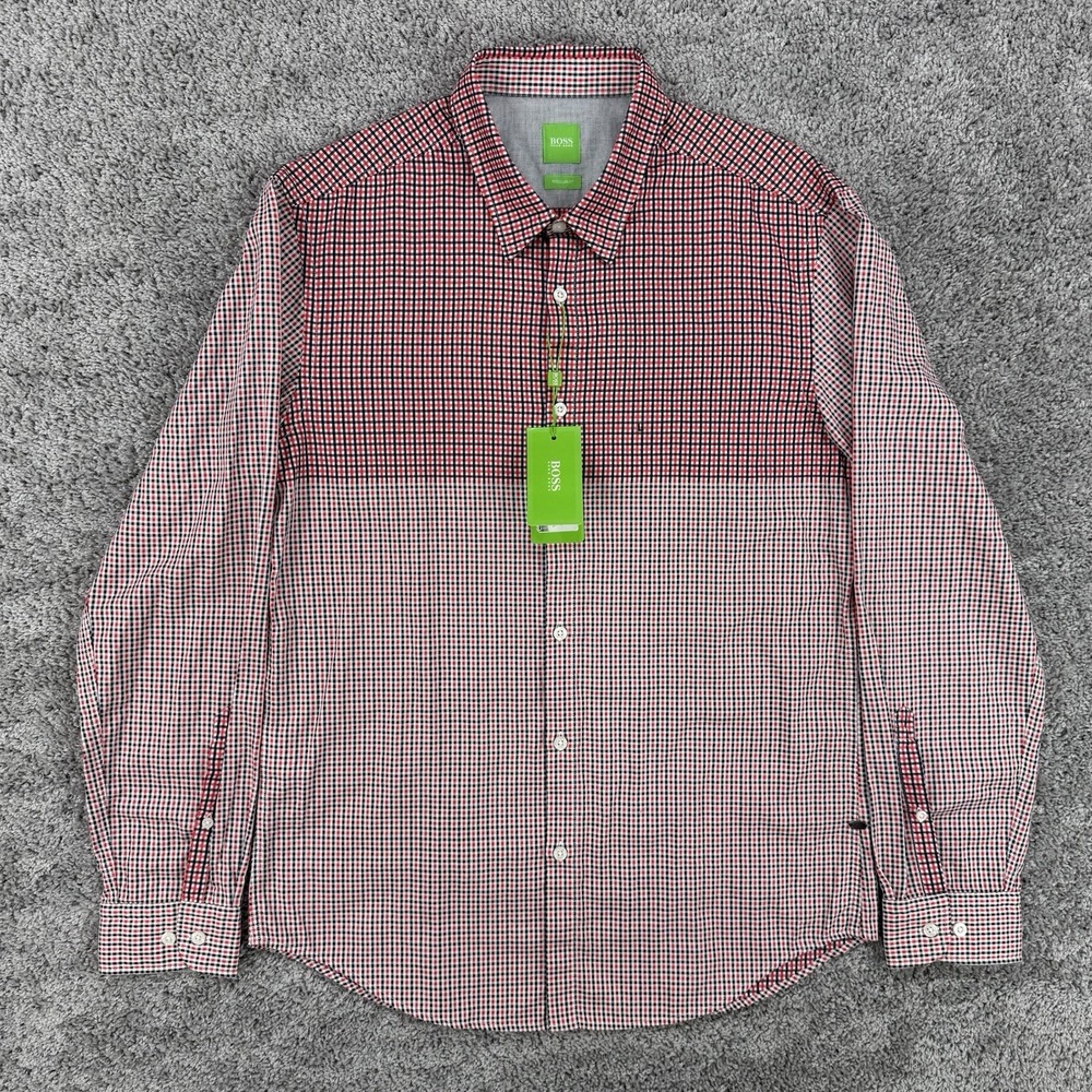 Hugo Boss Shirt Men's L NWT Open Red Plaid Colorblock Long Sleeve Button Up